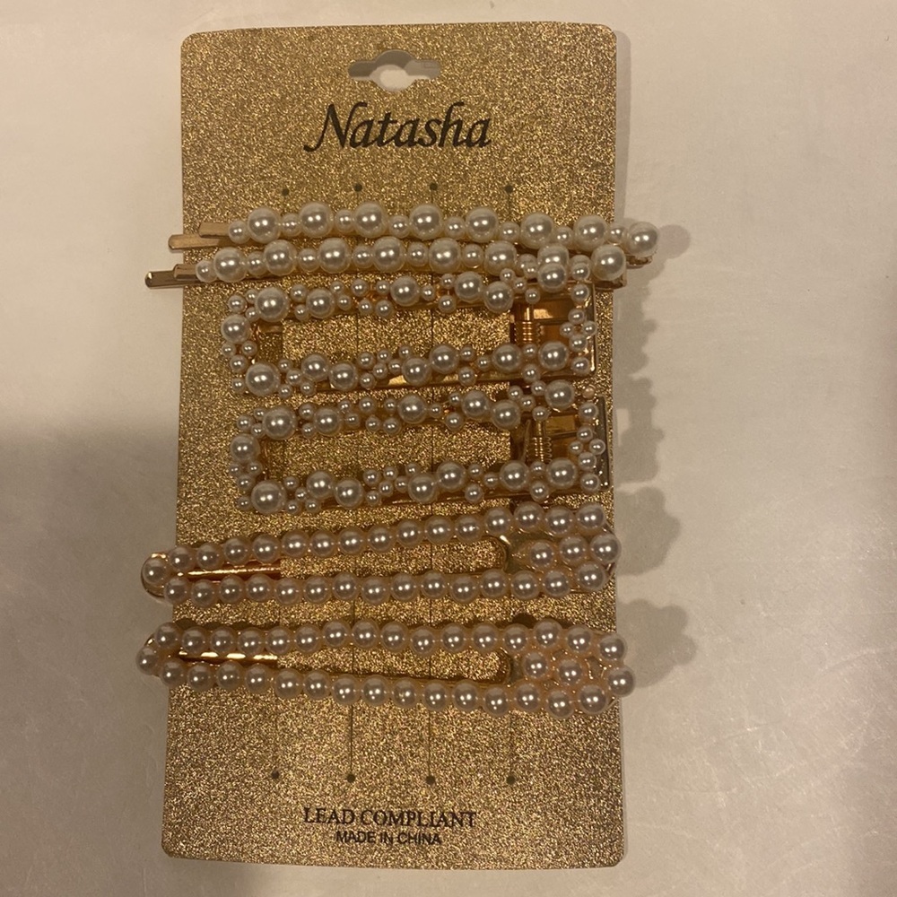NATASHA 6P 3pair Faux Pearl on Gold Tone Hair Clips NWT - Picture 2 of 4